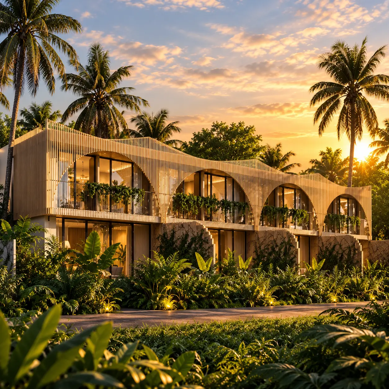Curved timber-slat villa facades with tropical planting at Rise Villas Phuket