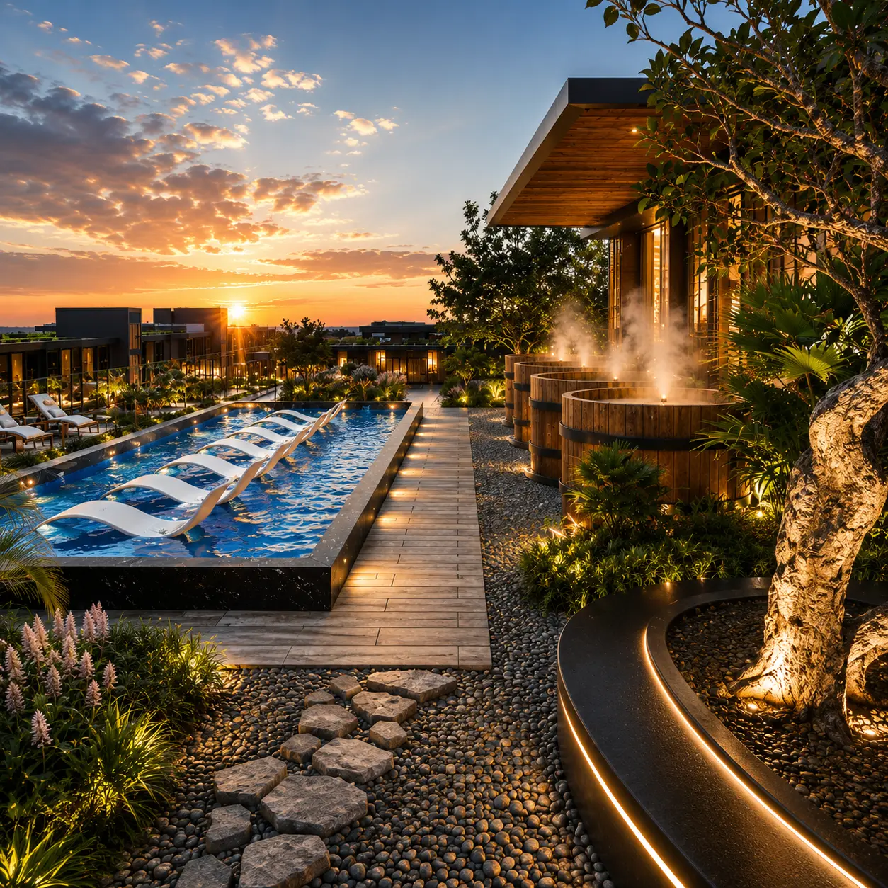 Rooftop plunge pool and wooden onsen tubs at Zenith Pattaya