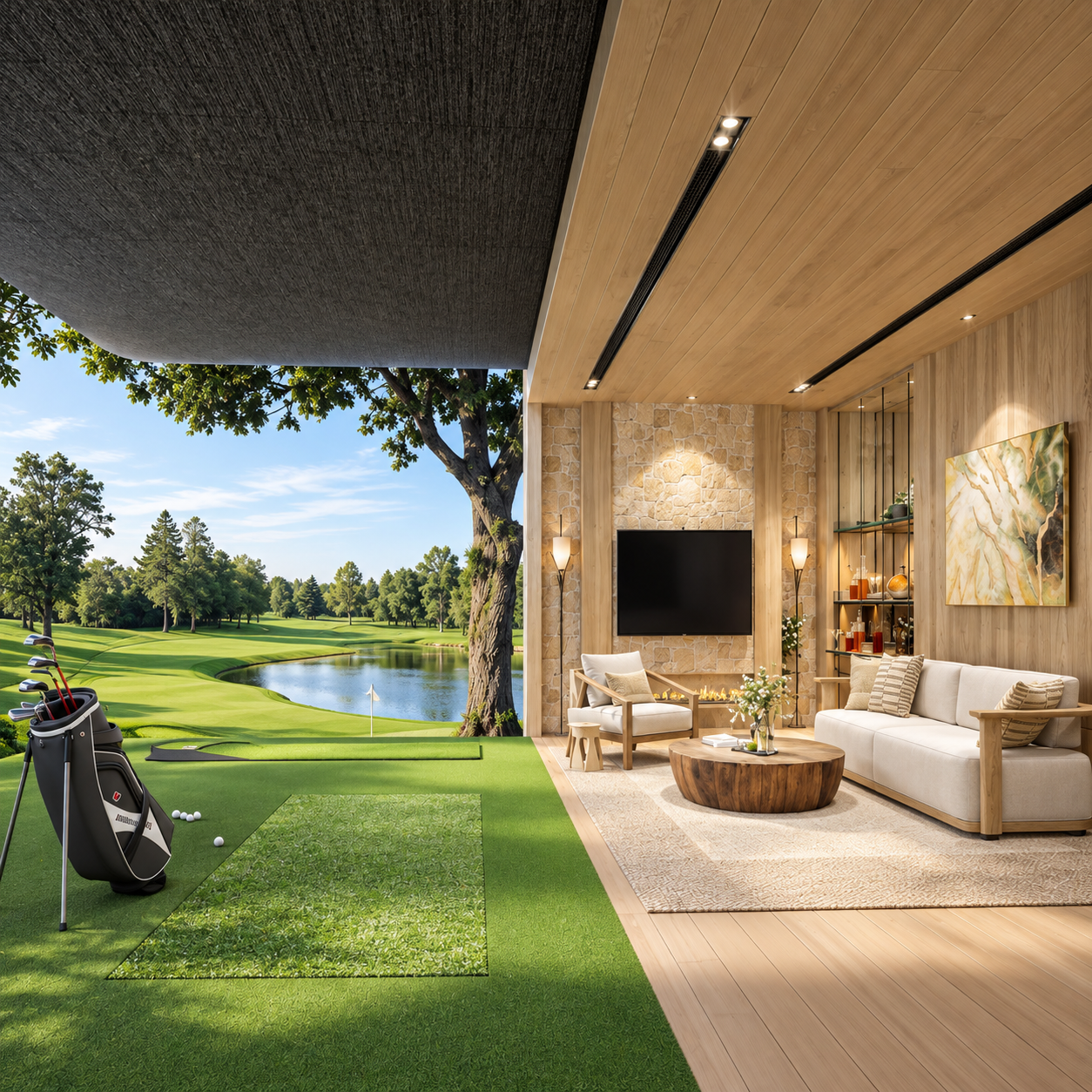 Soondri Wongamat golf simulator lounge with garden and lagoon view