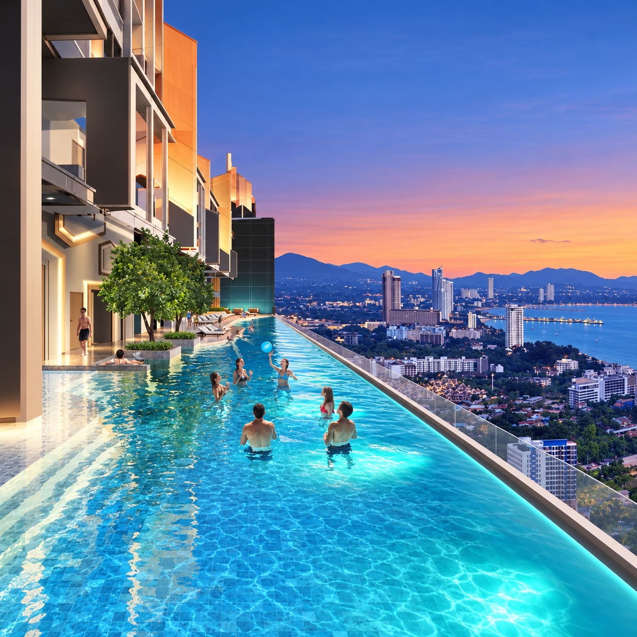 Copacabana Coral Reef infinity pool overlooking the Jomtien coast at sunset, architectural rendering