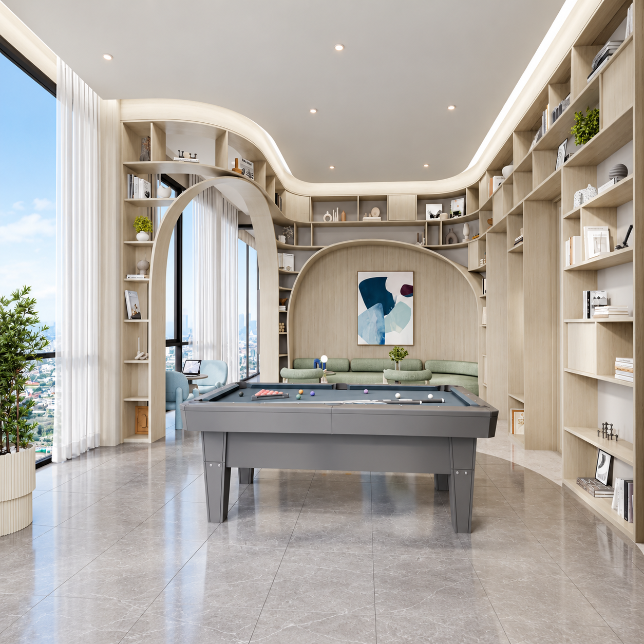 Reference Kaset District games lounge with billiard table, architectural rendering