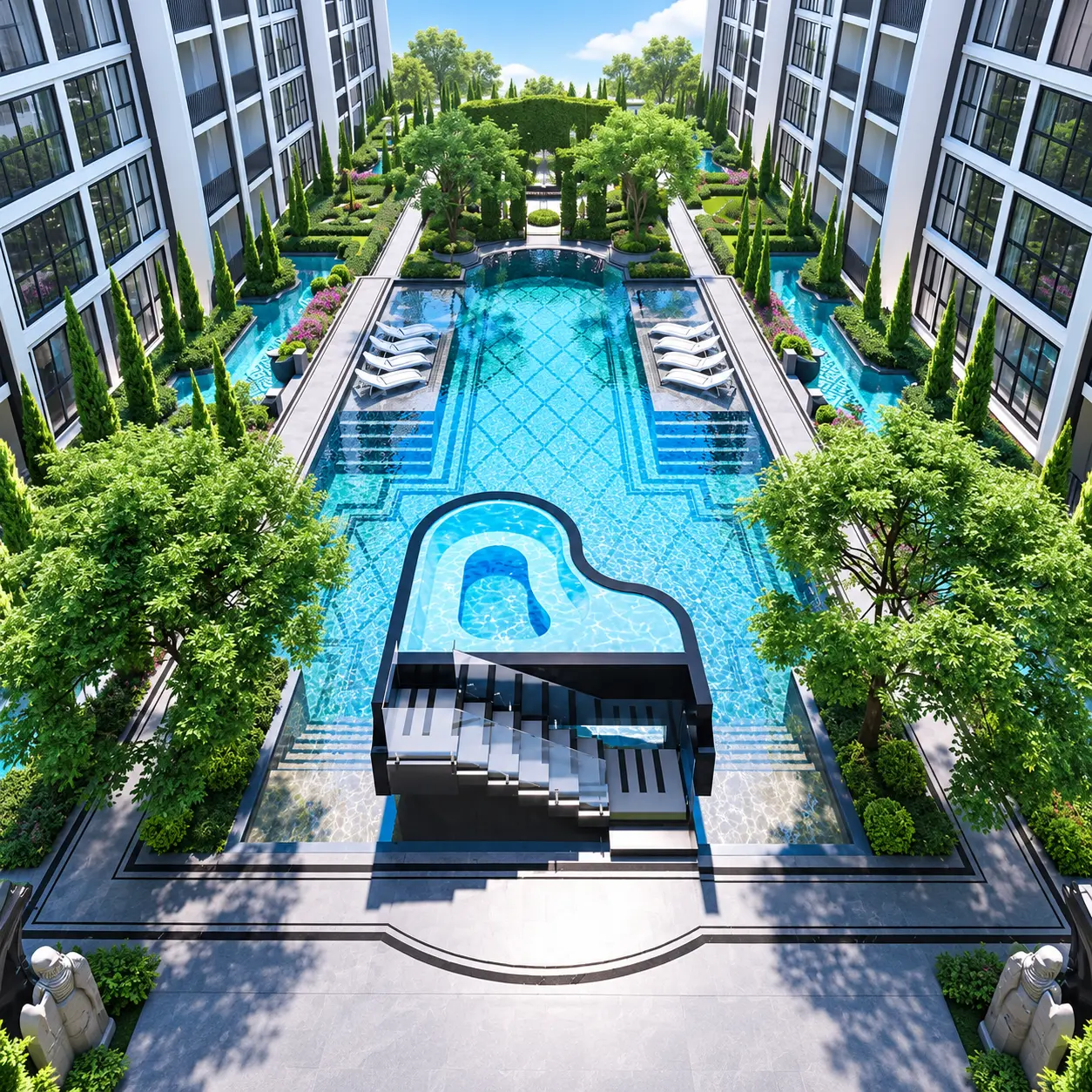 Embassy Pattaya central pool and landscaped courtyard, architectural rendering