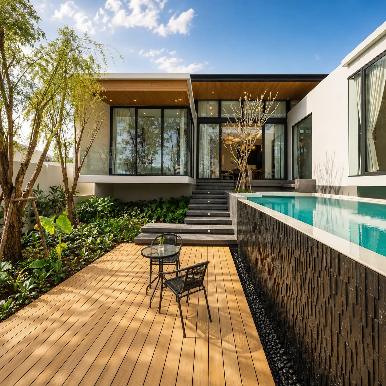 Wooden deck, garden and private pool at Amber Chamber