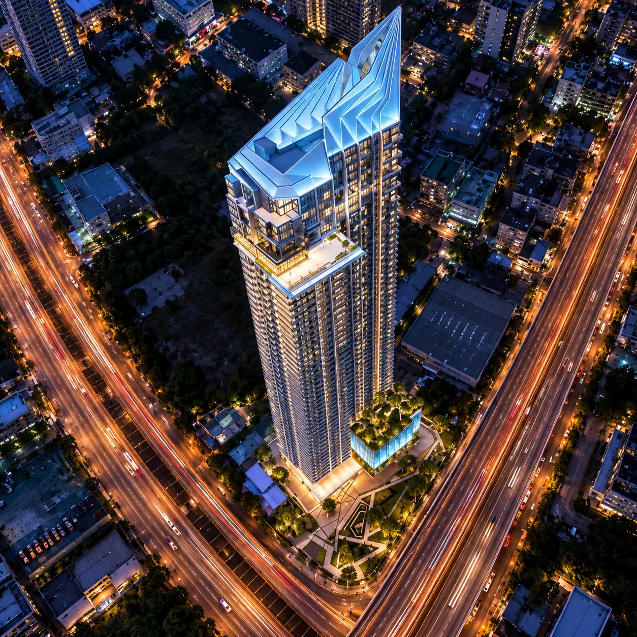 Aerial view of Sapphire's gemstone-inspired rooftop and surrounding roads