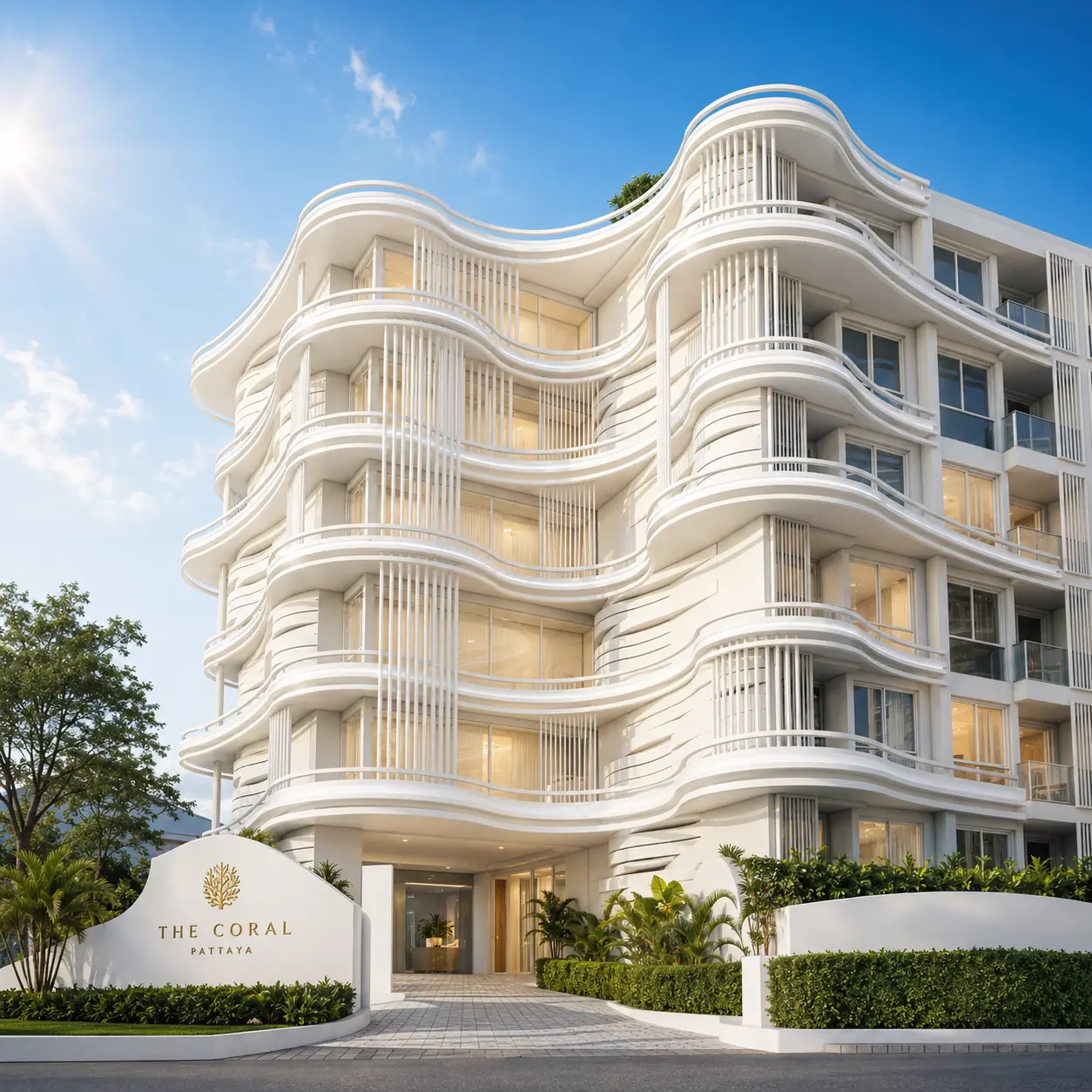 The Coral Pattaya arrival view with sculpted balconies