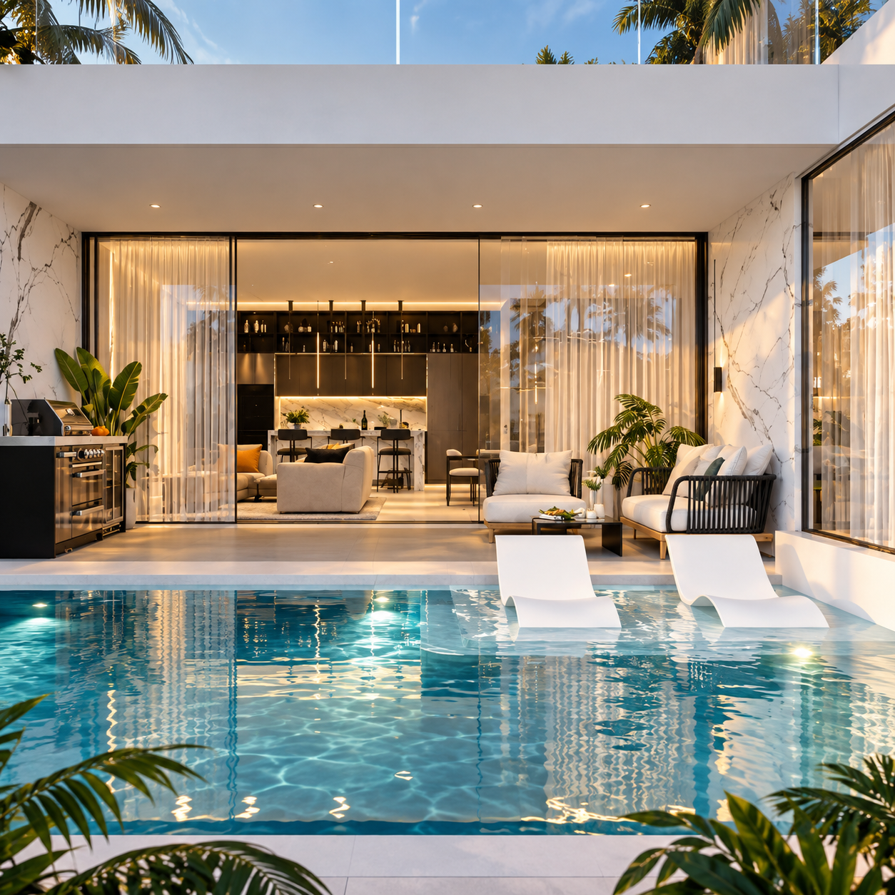 Poolside open kitchen and bar with marble walls at Andaman Boutique Residences