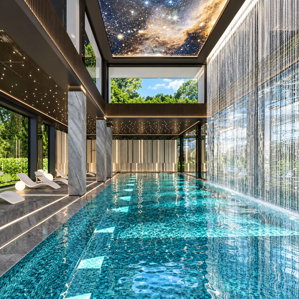Embassy Pattaya indoor pool with waterfall and illuminated ceiling, architectural rendering