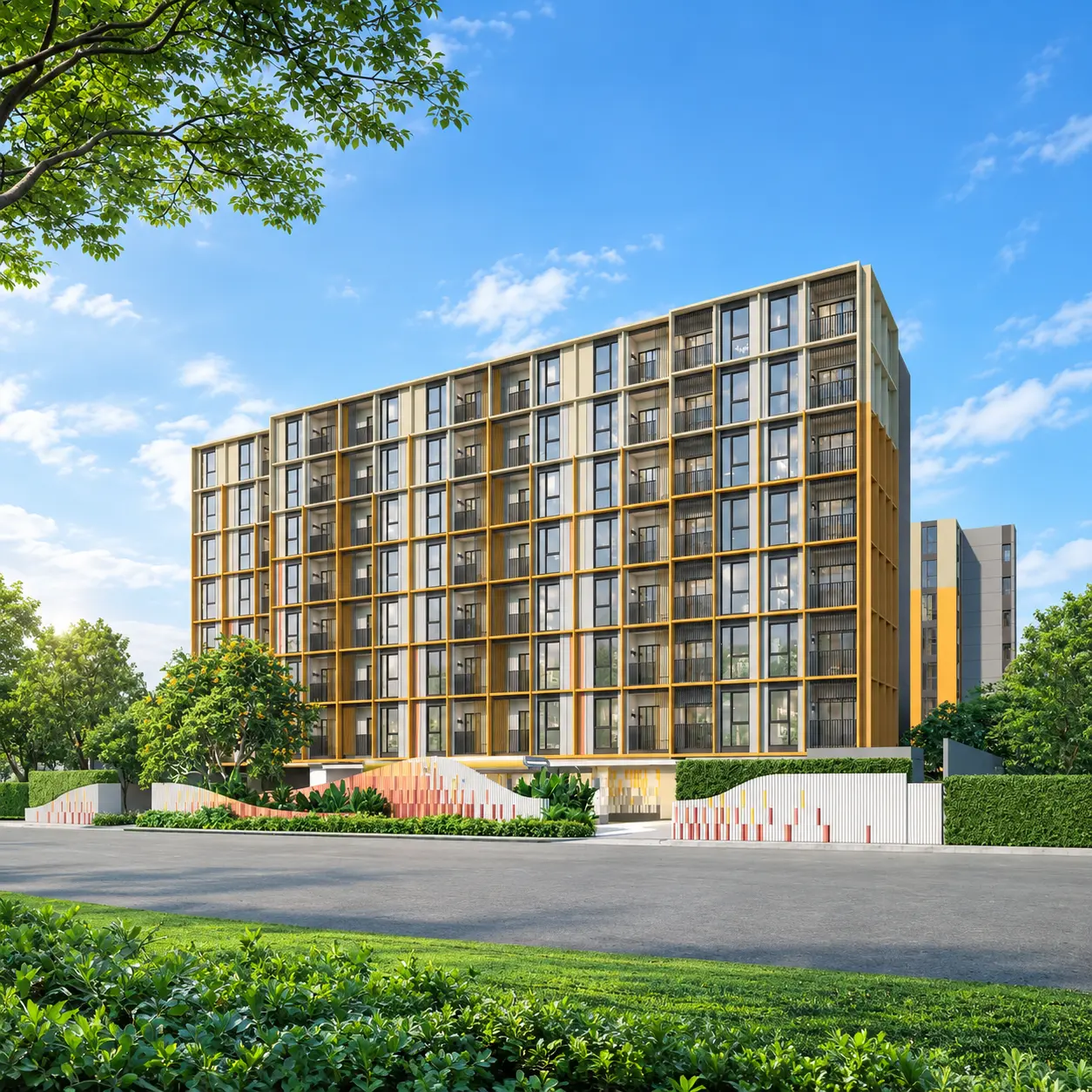 The Base Rise 8-storey condominium with gold facade in Wichit, Phuket