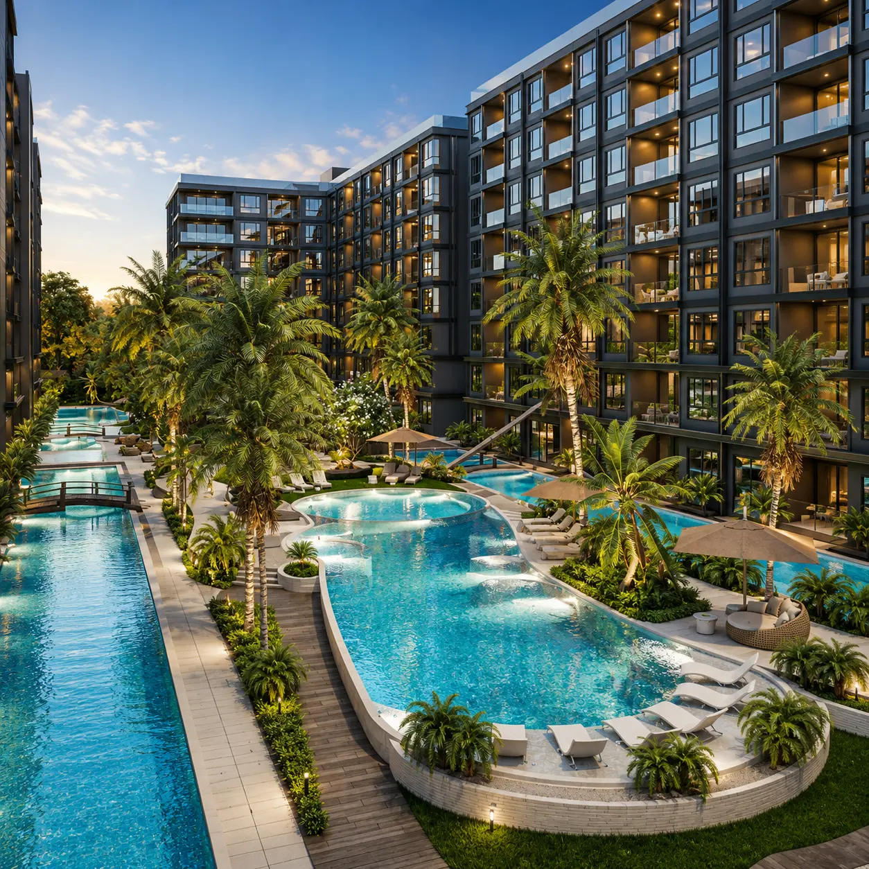 Lagoon-style pools and palm gardens between the residences at Zenith Pattaya