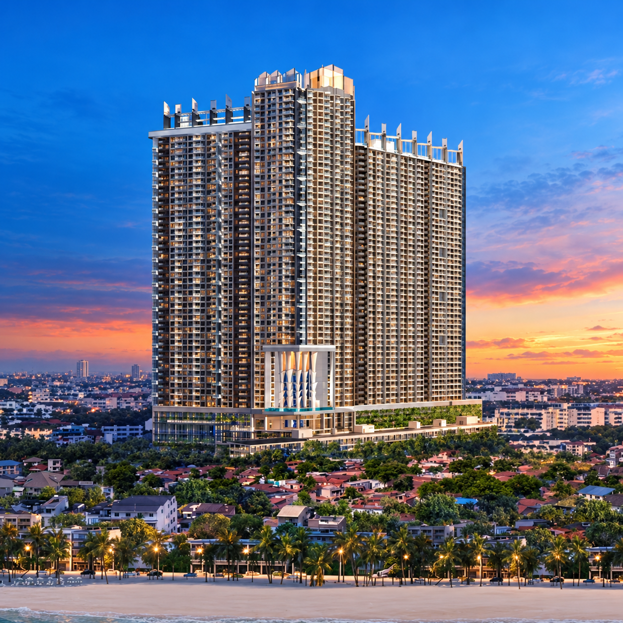 Copacabana Coral Reef tower viewed from the Jomtien coast, architectural rendering