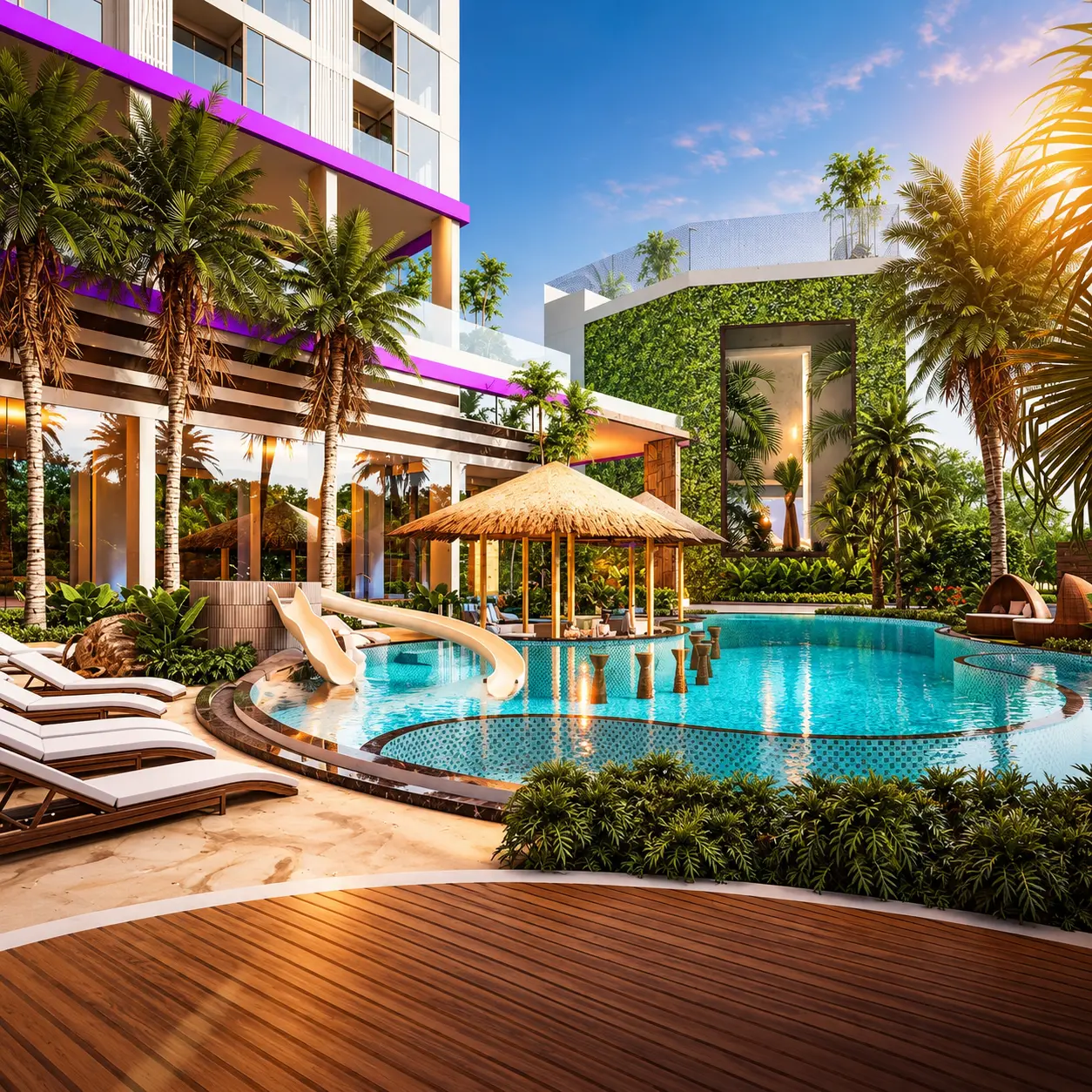 Landscaped family swimming pool at The Riviera Santa Monica Jomtien