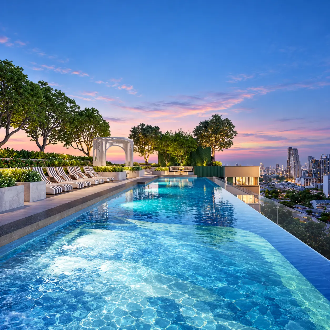 Rooftop infinity pool and sun loungers at Life JJ Interchange, architectural rendering
