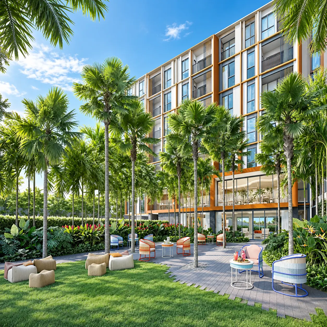 Palm garden terrace with outdoor seating at The Base Rise Phuket