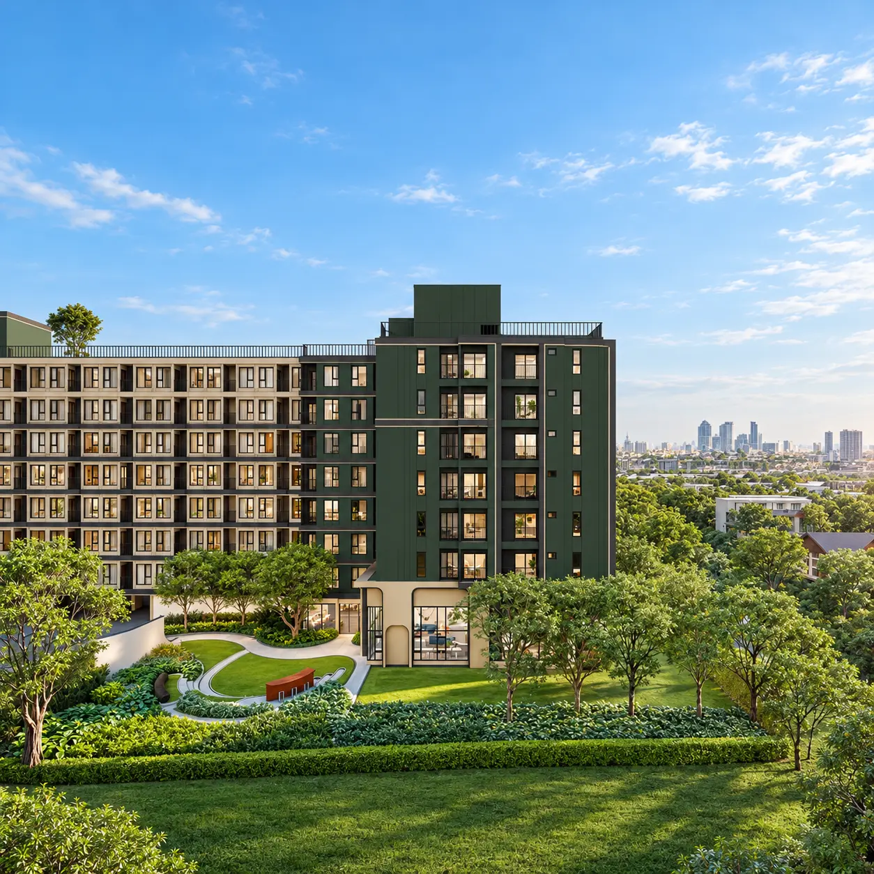 Life JJ Interchange low-rise condominium and landscaped gardens in Bangkok, architectural rendering