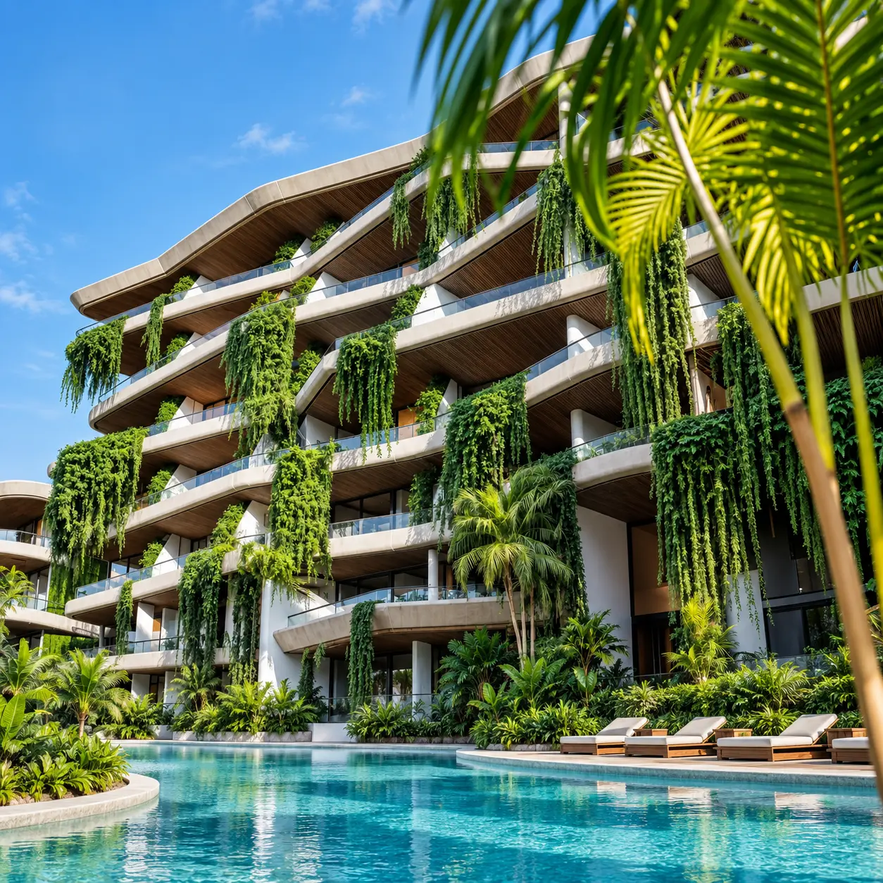 Lagoon pool and green cascading balconies at Dandara Phuket