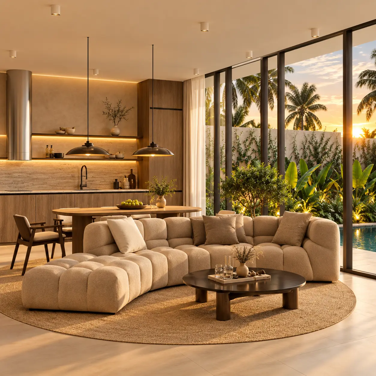 Open-plan living room and kitchen opening to the pool terrace at Rise Villas