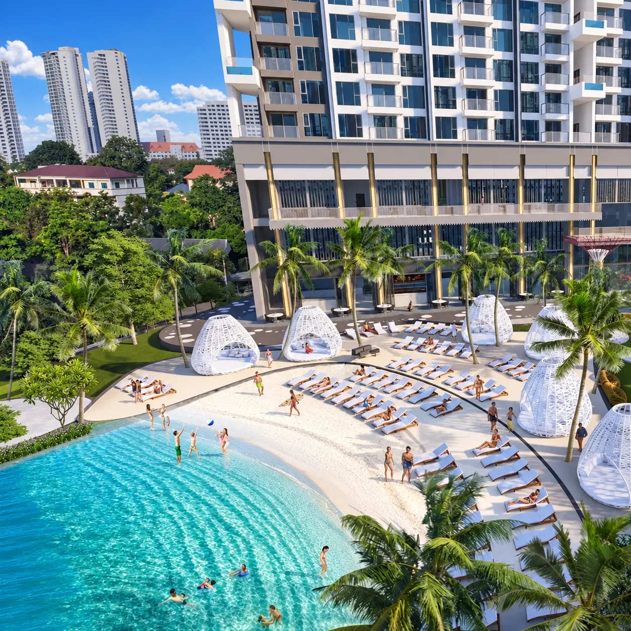 Copacabana Coral Reef beach-club pool and palm-lined sun terraces, architectural rendering
