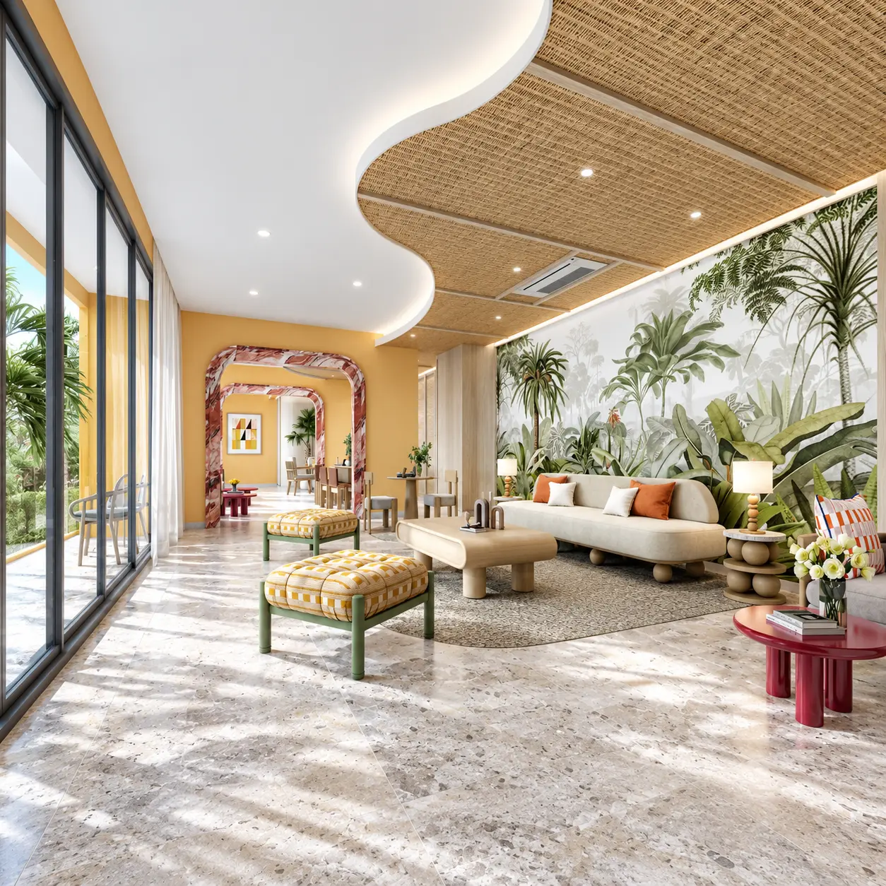 Lobby lounge with rattan ceiling and tropical mural at The Base Rise