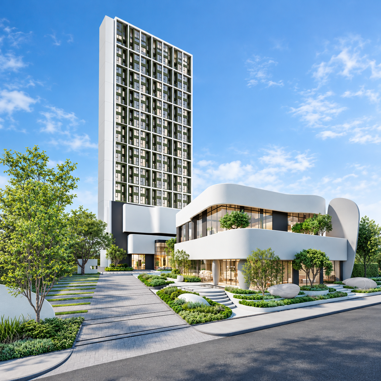 Reference Kaset District condominium exterior in Bangkok, architectural rendering