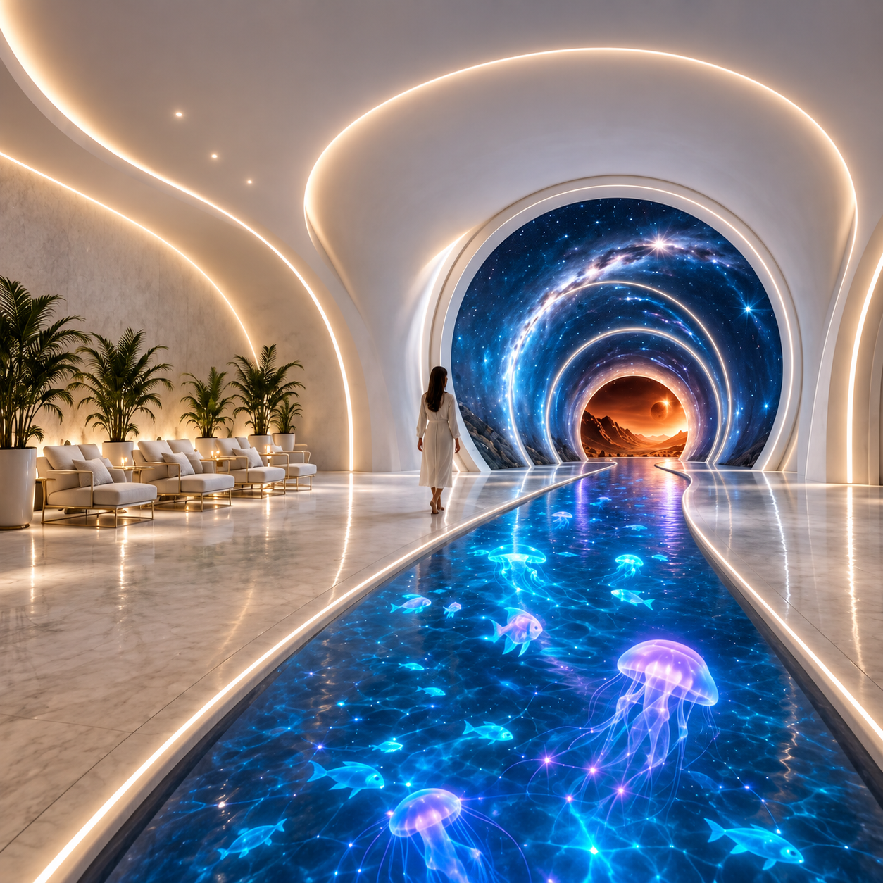 Immersive illuminated gallery and water feature at Embassy World