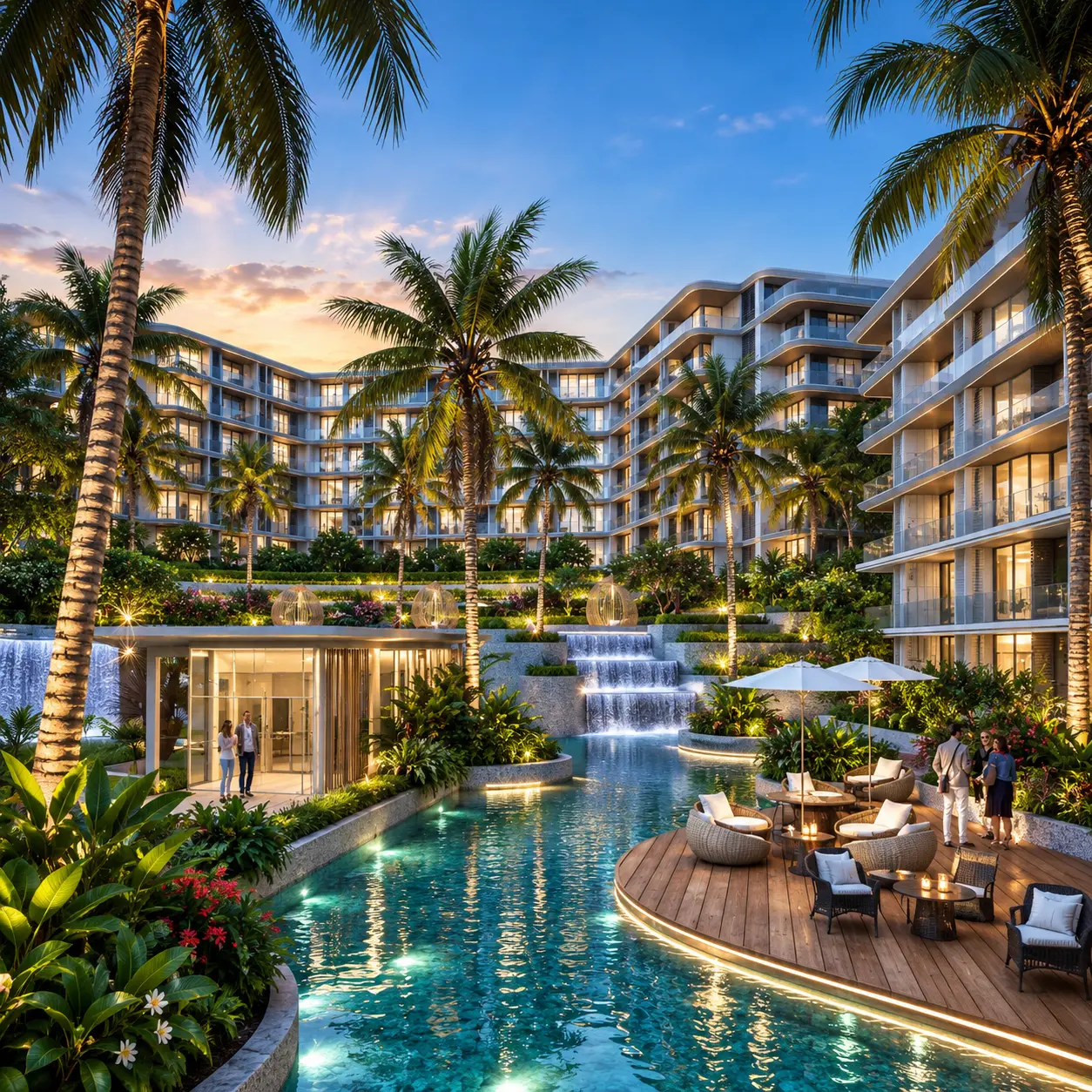 Evening pool deck with cascading water features and lounge areas at AYANA Heights Phuket