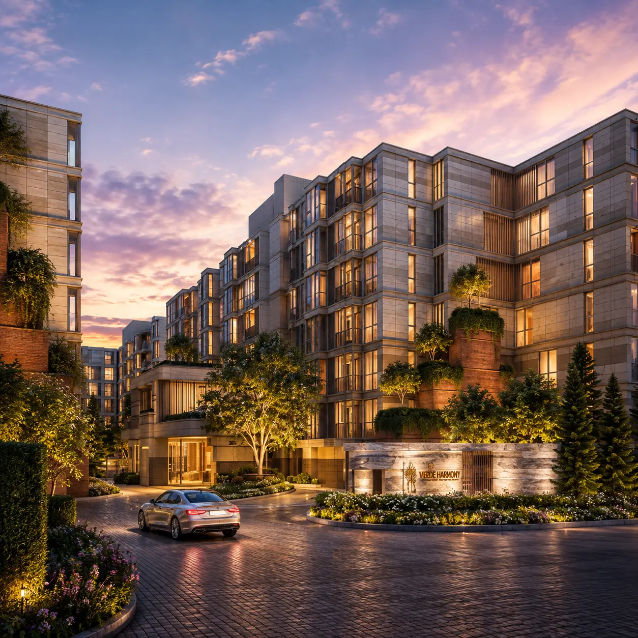 Valles Haus low-rise residences and landscaped arrival court at sunset in Bangkok