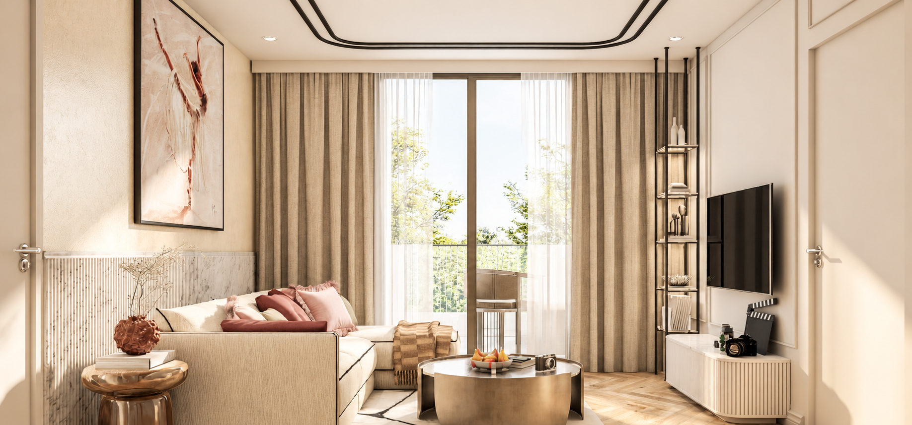 Bright one-bedroom living room with balcony at The Title Biancana Surin Beach