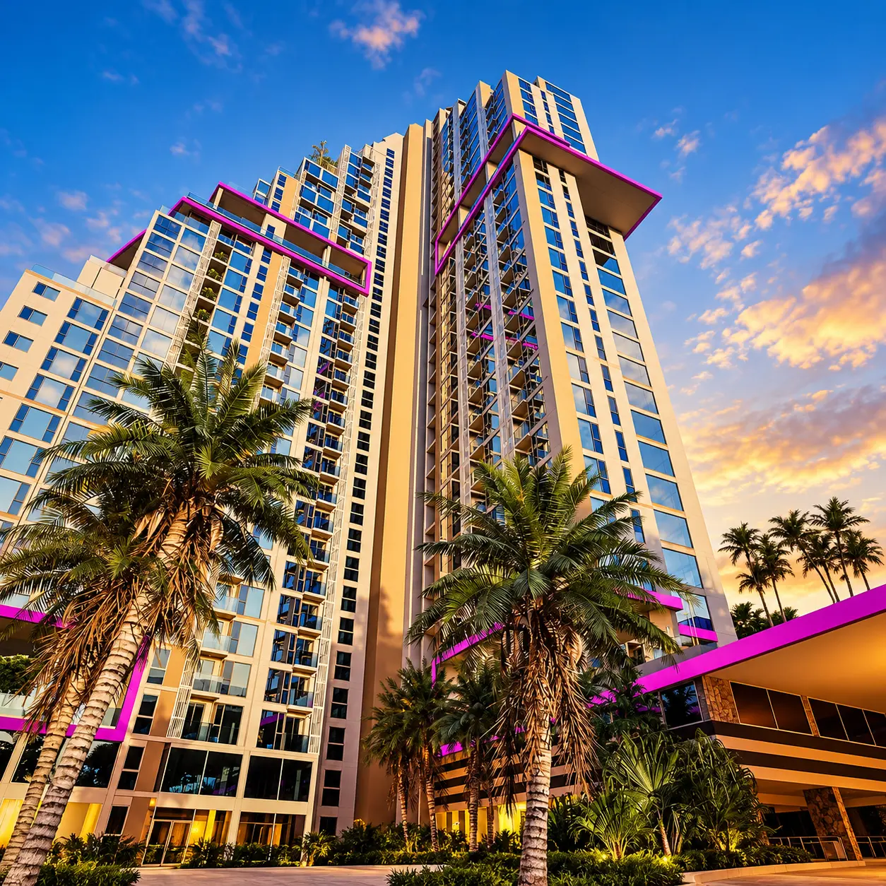 The Riviera Santa Monica facade with tropical palms and illuminated architectural details