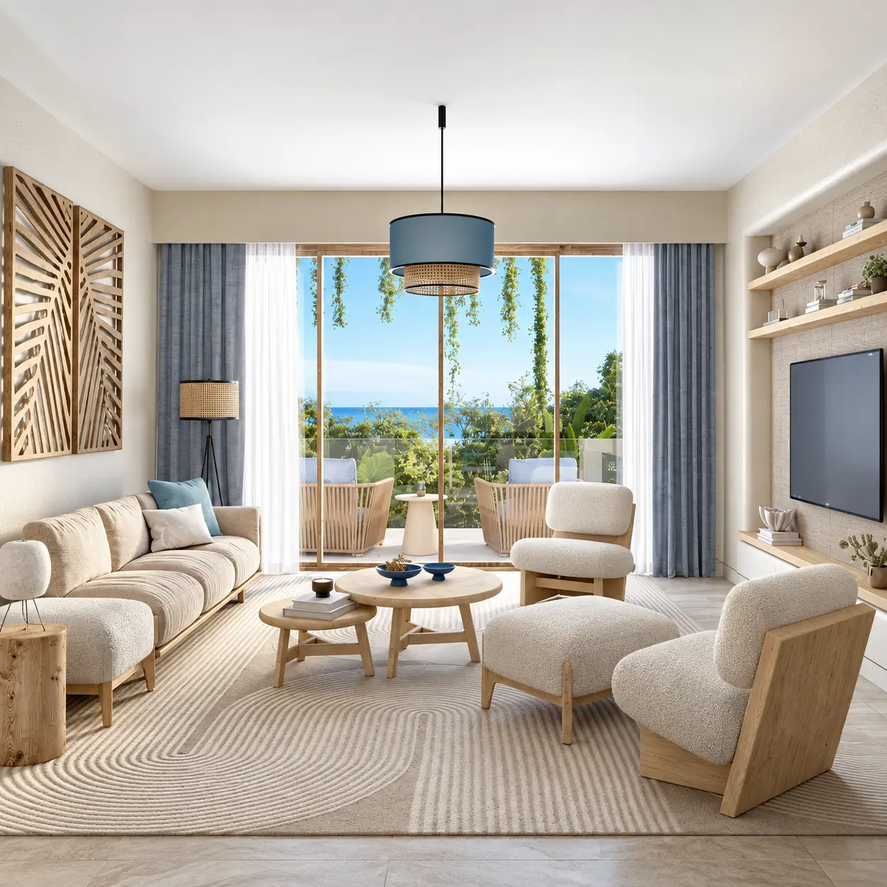 Bright Layan Verde living room opening to a sea-view balcony