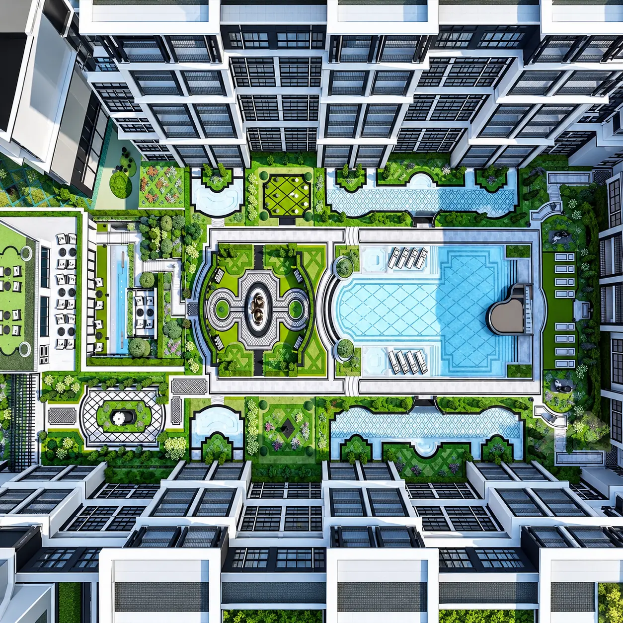 Overhead view of Embassy Pattaya pools and formal gardens, architectural rendering