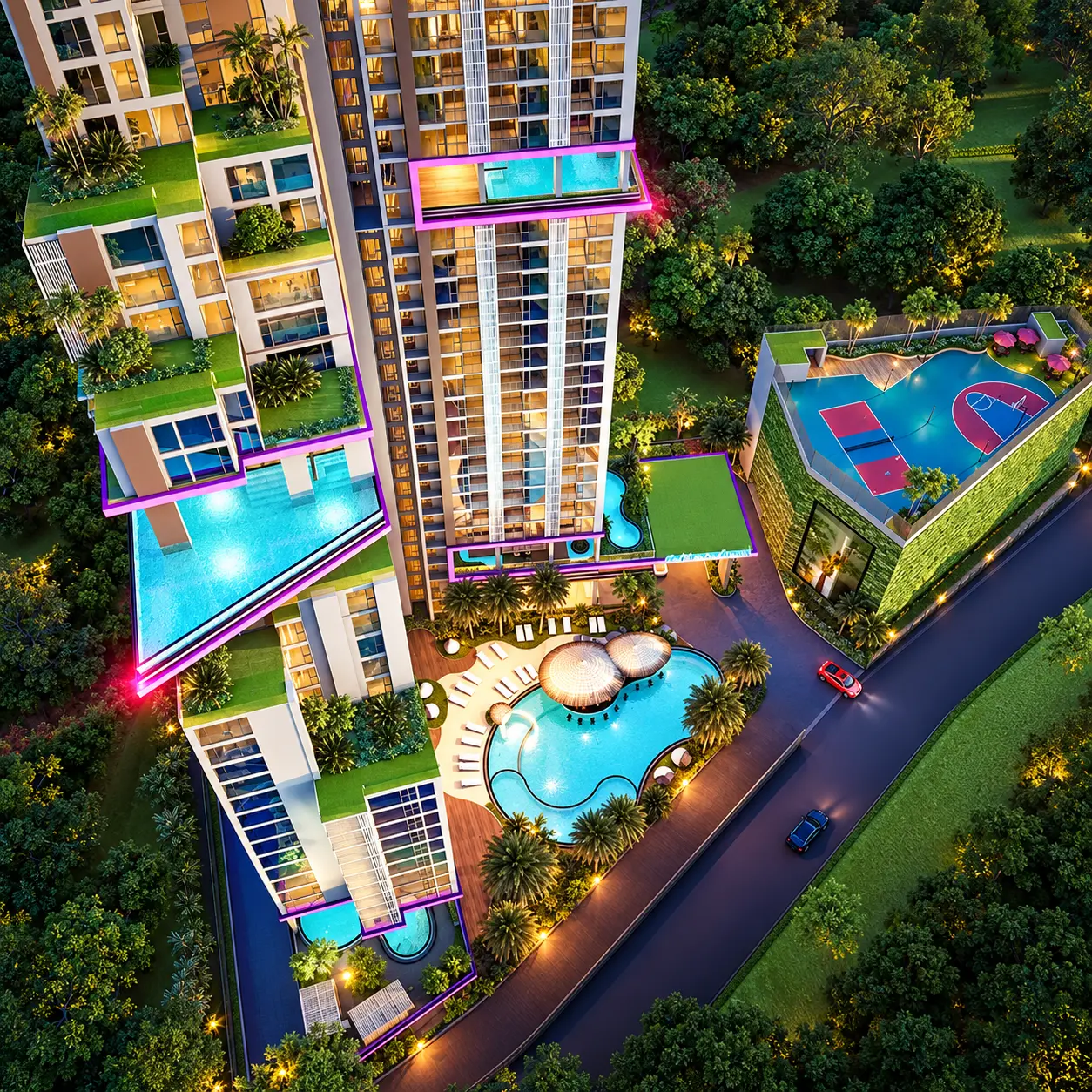 Aerial view of pools, green terraces and sports facilities at The Riviera Santa Monica
