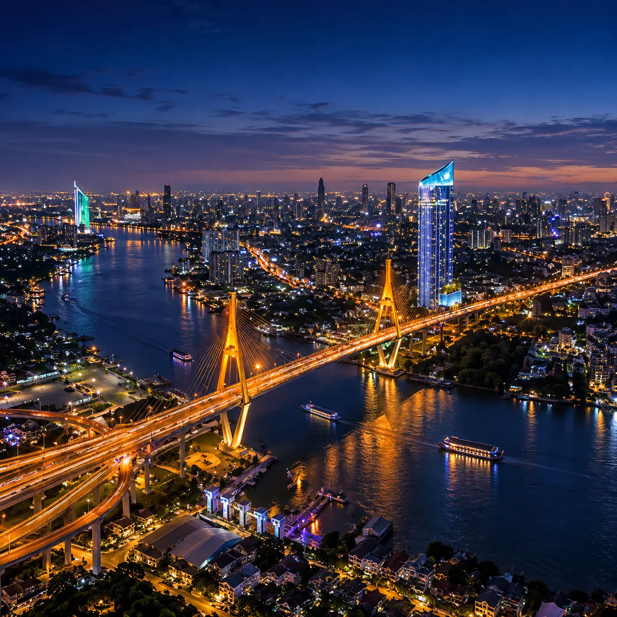Sapphire tower near the Chao Phraya River and Bhumibol Bridge at night