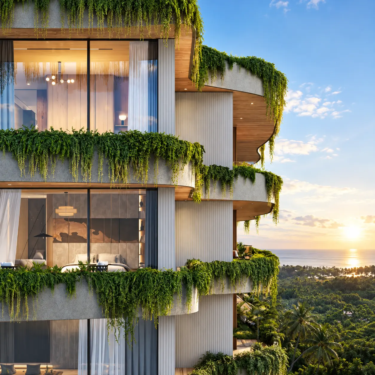 Layan Verde planted facade overlooking the Phuket coast at sunset