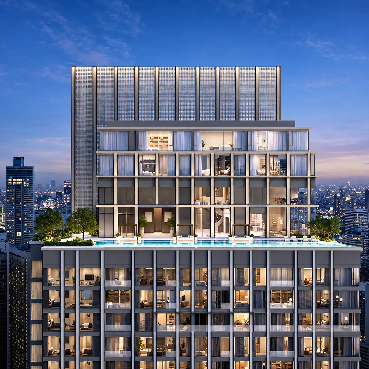 STILL Sukhumvit 20 upper floors and health-club pool level at night, architectural rendering