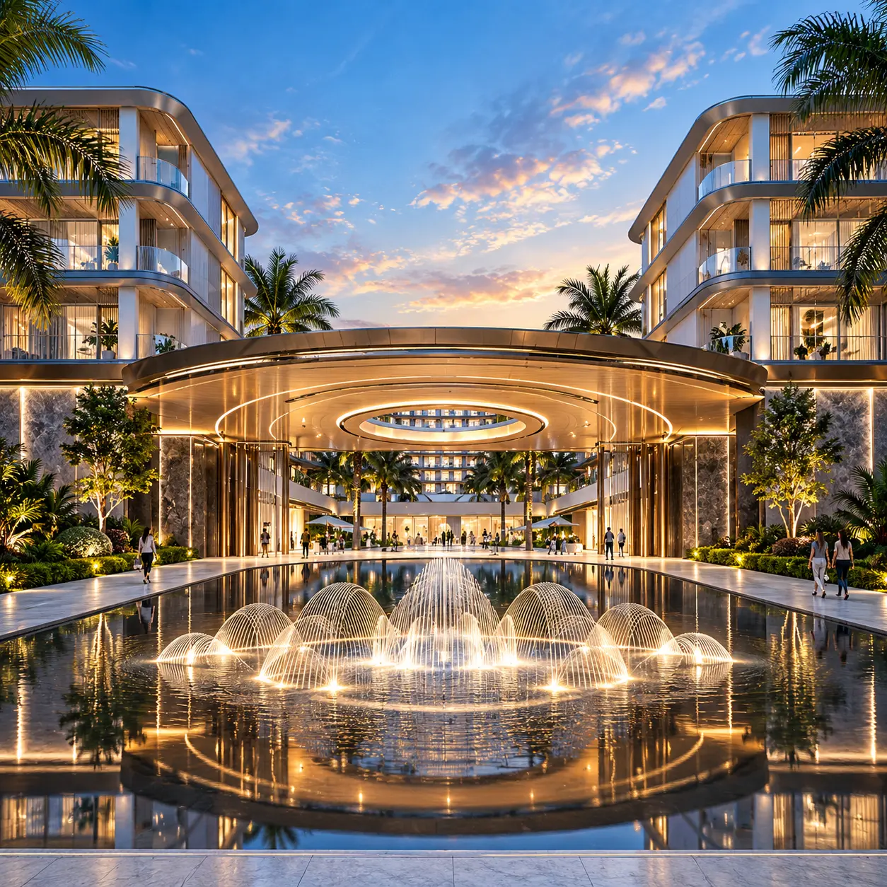 Grand fountain court and covered arrival plaza at the entrance of AYANA Heights