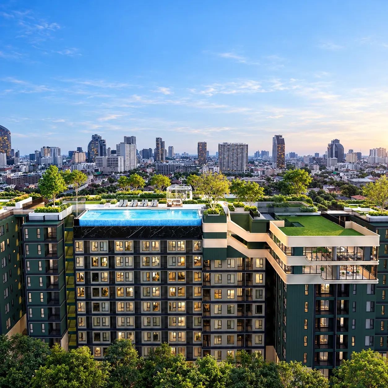 Life JJ Interchange rooftop pools and Bangkok skyline, architectural rendering
