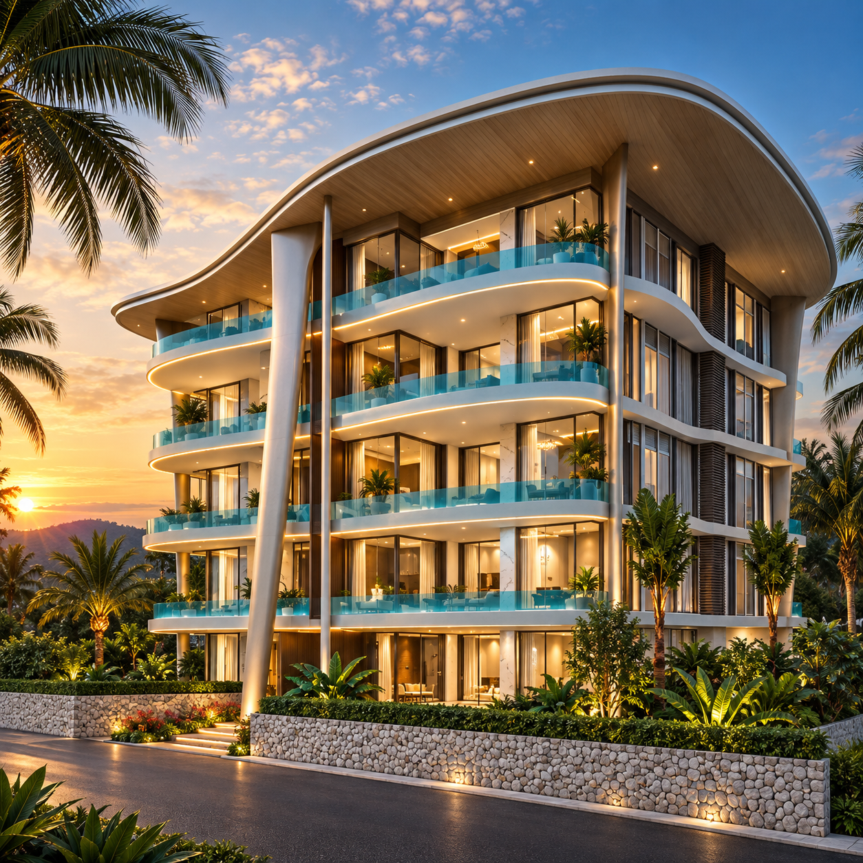 Stone-clad facade and landscaped gardens at sunset at Andaman Boutique Residences
