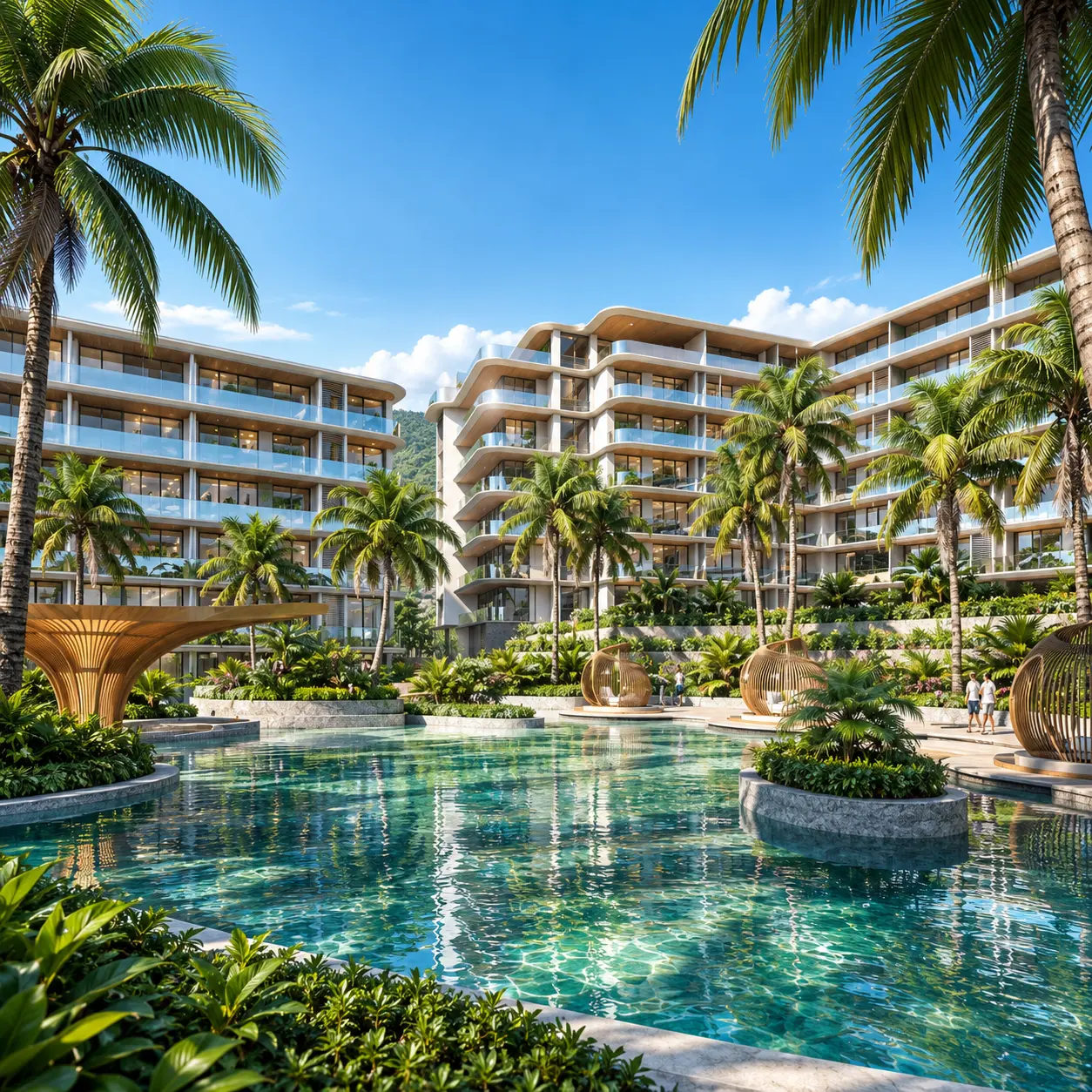Lagoon pool and palm gardens between the low-rise residence buildings at AYANA Heights