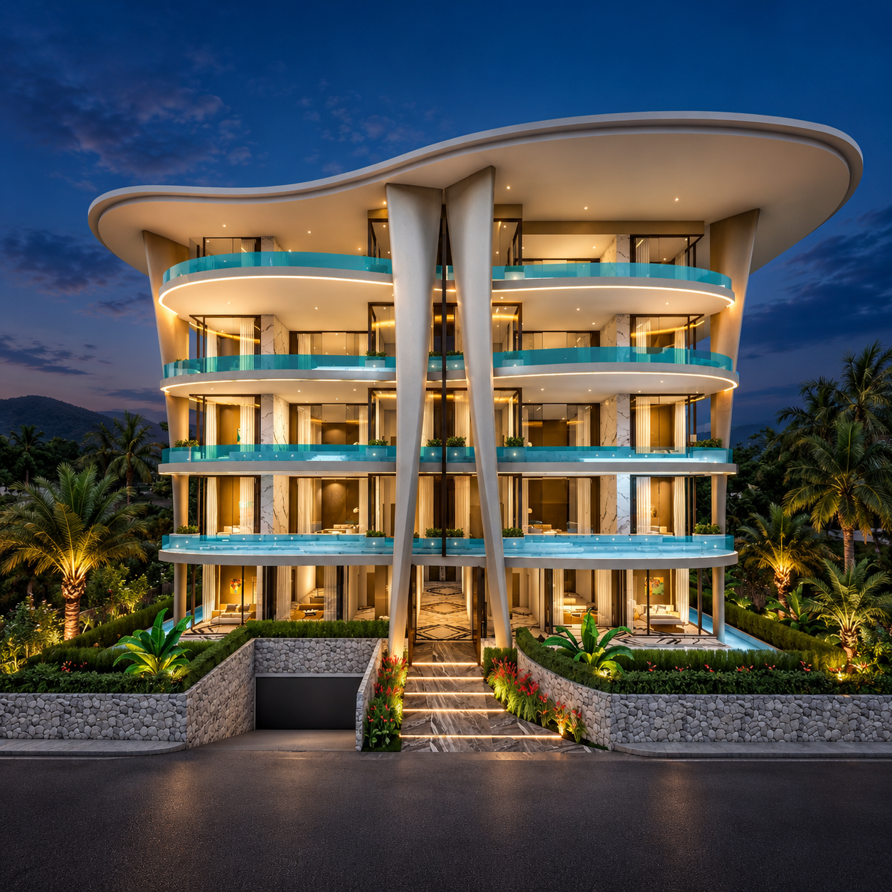 Symmetrical facade with blue glass balconies at dusk at Andaman Boutique Residences