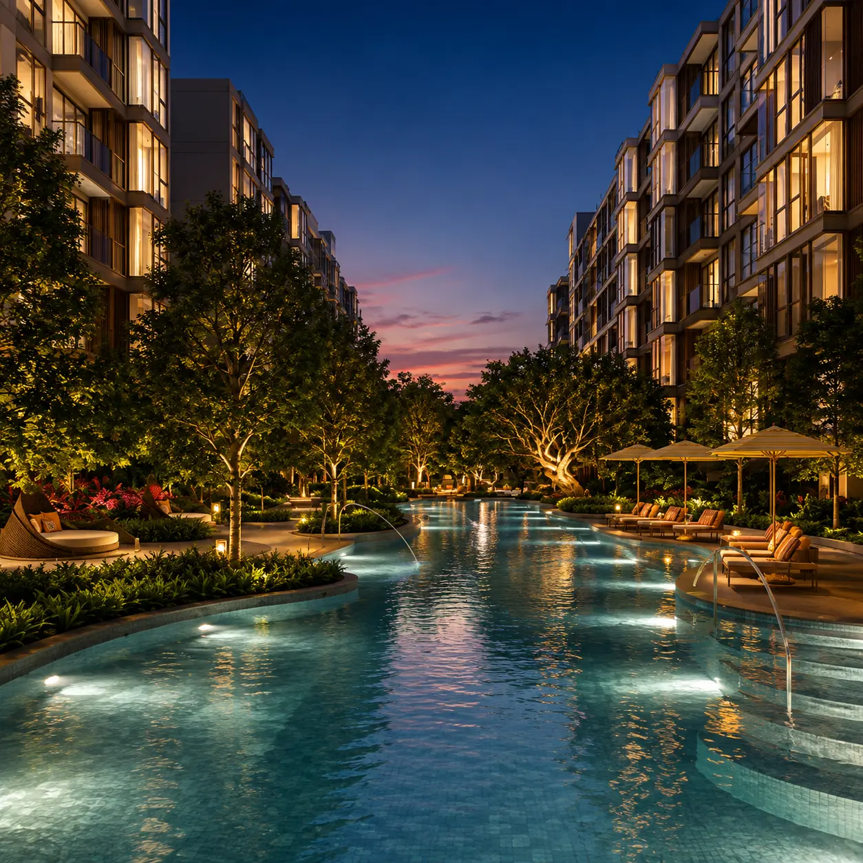 Lagoon-style swimming pool through the landscaped Valles Haus courtyard