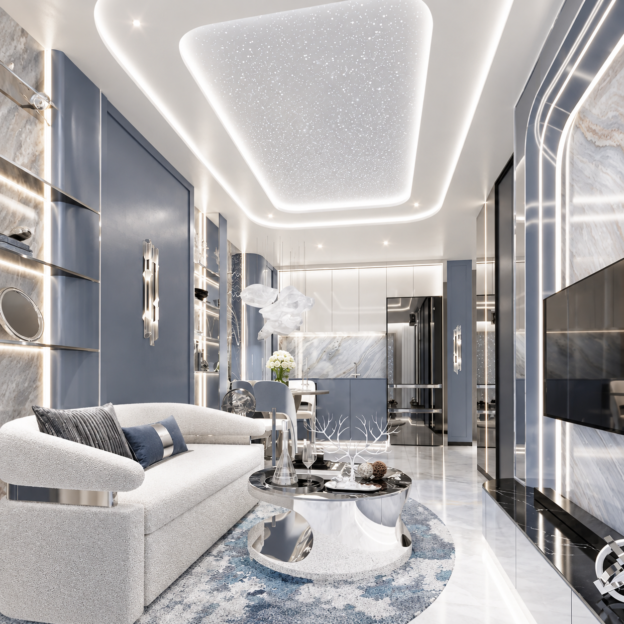 Silver and blue open-plan living room in an Embassy World residence