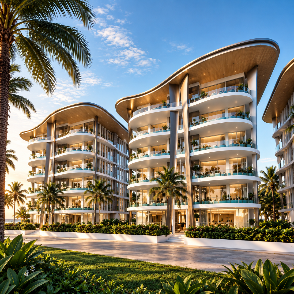 Andaman Boutique Residences curved white rooftops and glass balconies in Choeng Thale, Phuket