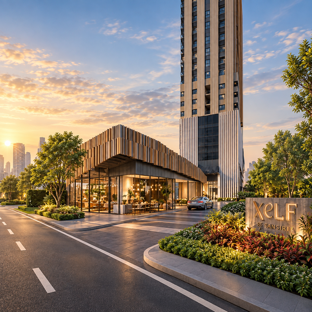 Landscaped entrance pavilion and XELF by Sansiri tower on Rama IV Road