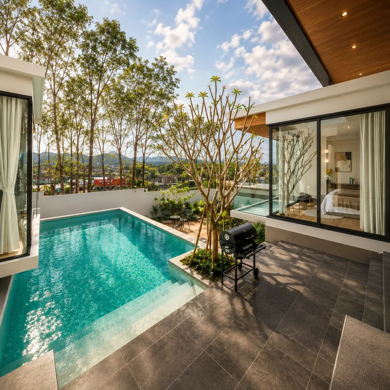 Pool terrace with mountain view
