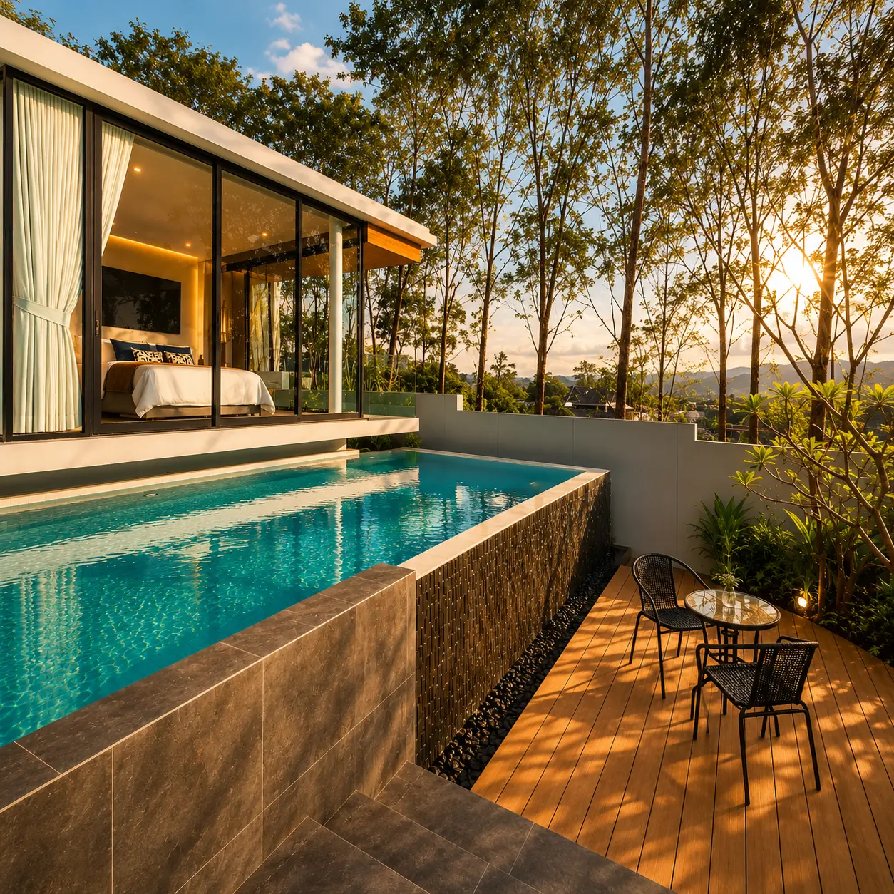 Villa pool and deck at sunset