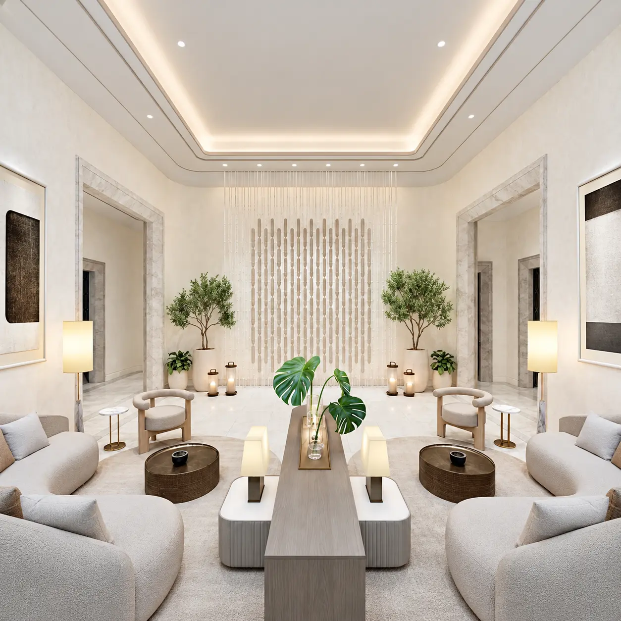 STILL Sukhumvit 20 foyer lounge with marble portals and sculptural wall feature, architectural rendering