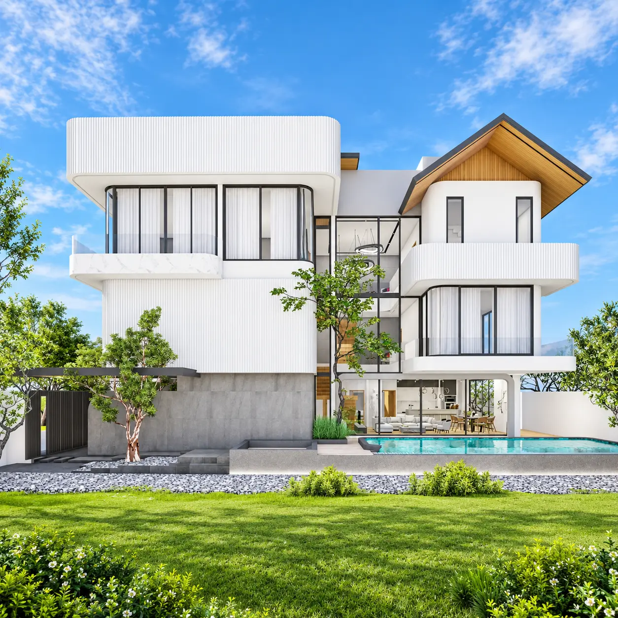 Landscaped rear elevation and pool of a family villa at ALLTHAI Villages Phuket