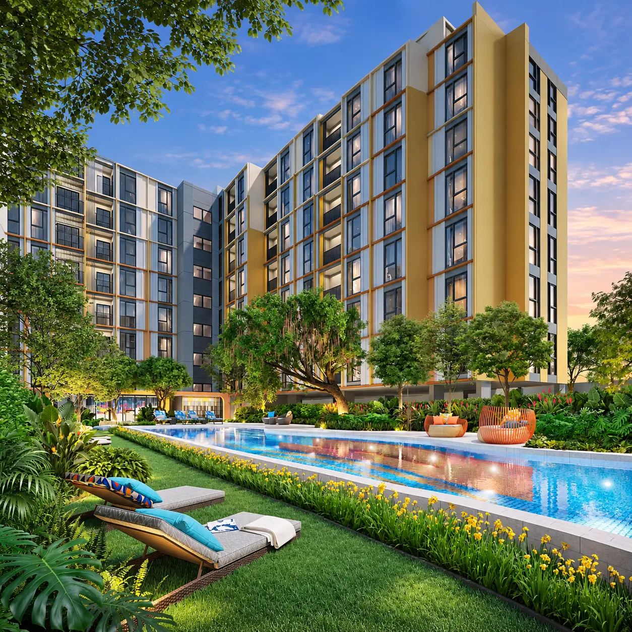 Sunrise Pool and garden between the two buildings at The Base Rise
