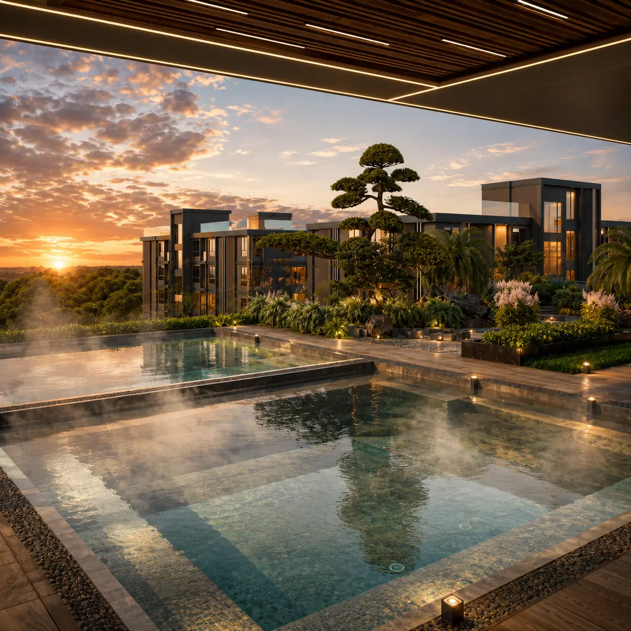 Rooftop onsen pool at sunset at Zenith Pattaya