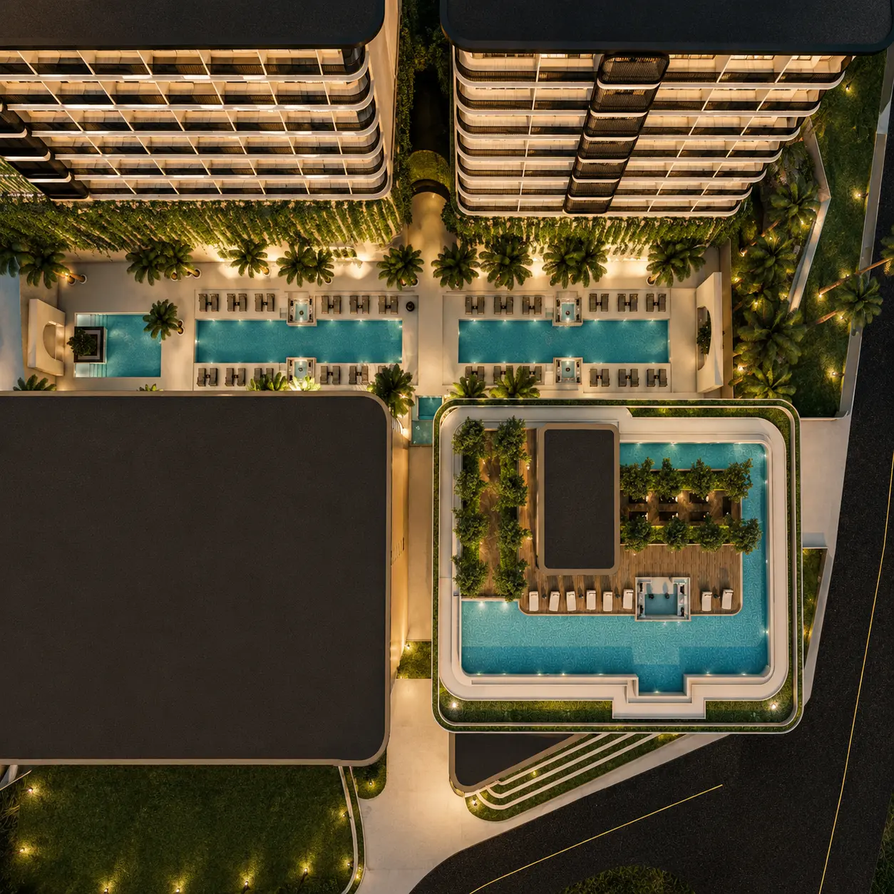 Aerial masterplan view of pools and buildings at Ever Prime Residences